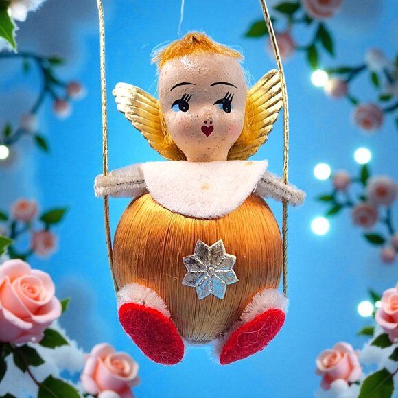 Vintage 1960s Pink Satin Ball Angel Ornament Foil Wings Spun Cotton Composite v5 - Picture 2 of 9